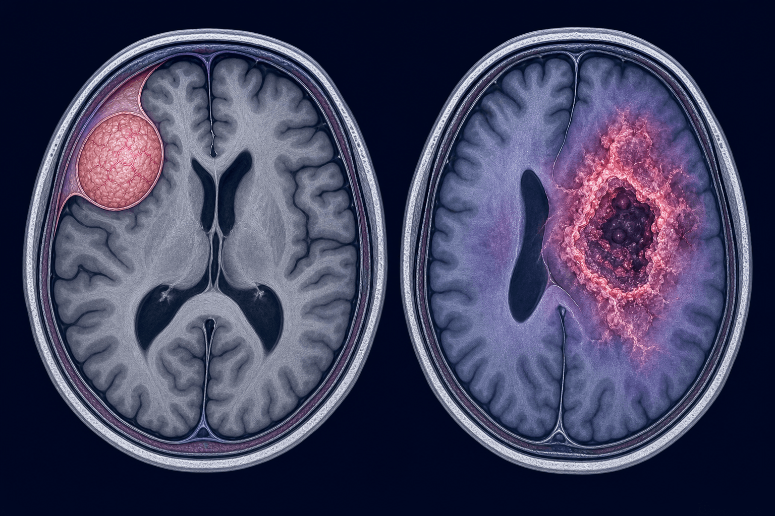 Comparação didática entre meningioma extra-axial circunscrito e glioblastoma intra-axial infiltrativo