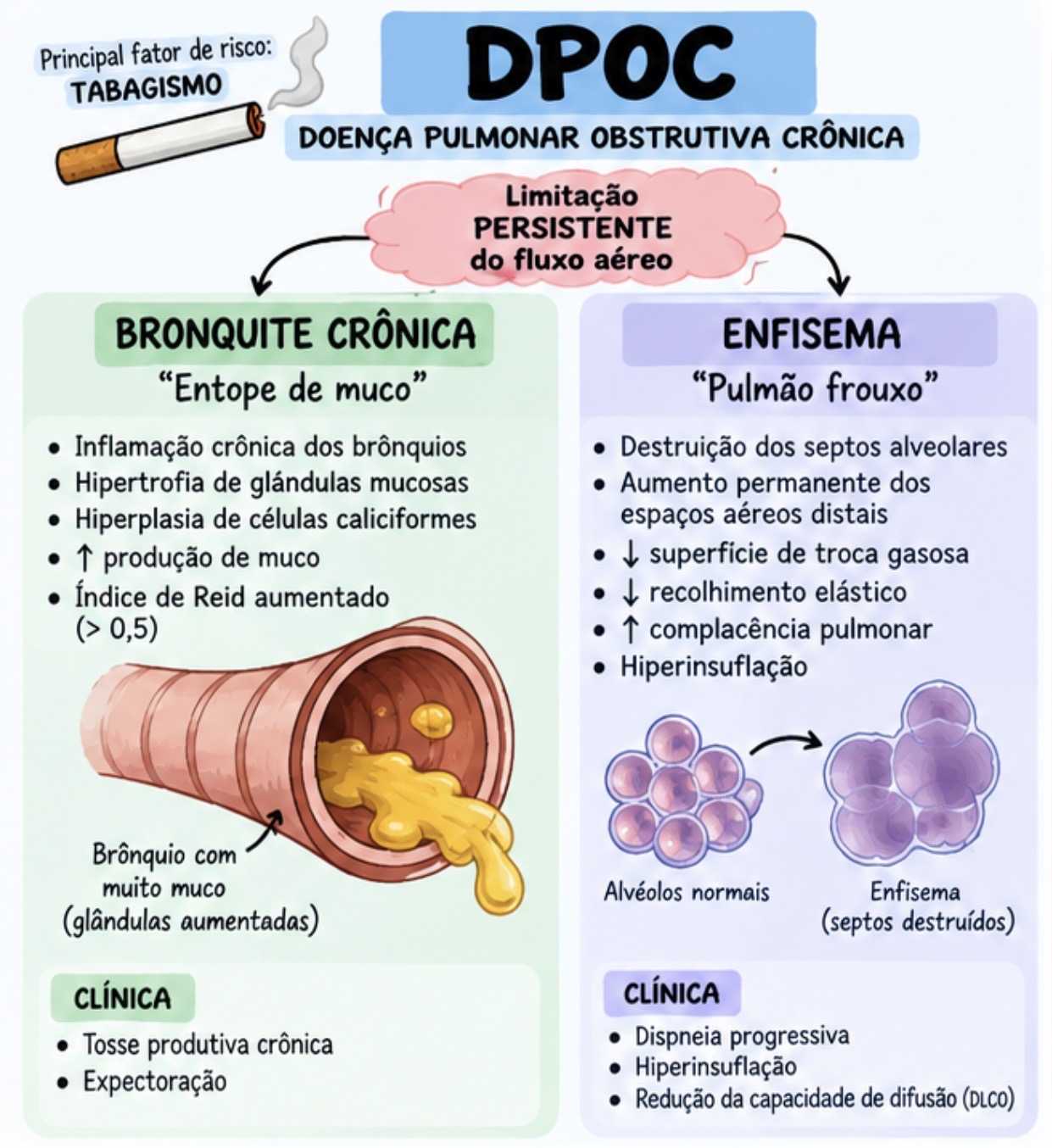 Mapa mental comparando bronquite crônica e enfisema dentro da DPOC